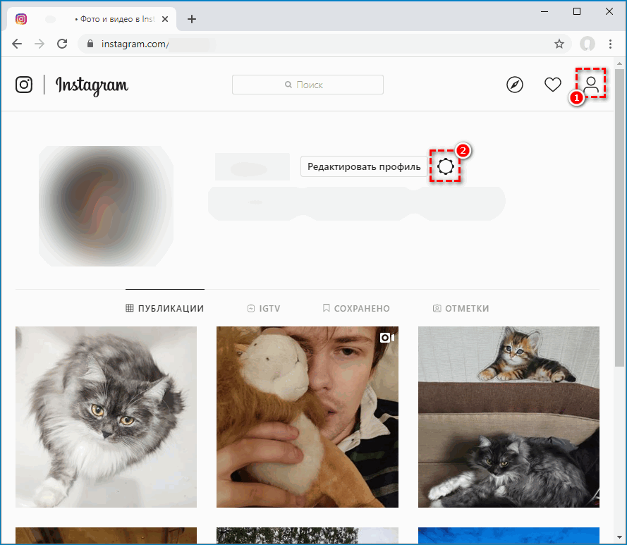 Вызов меню на странице профиля Instagram через браузер